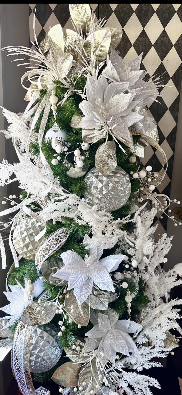 Elegant tree in white, silver, and champagne with poinsettias